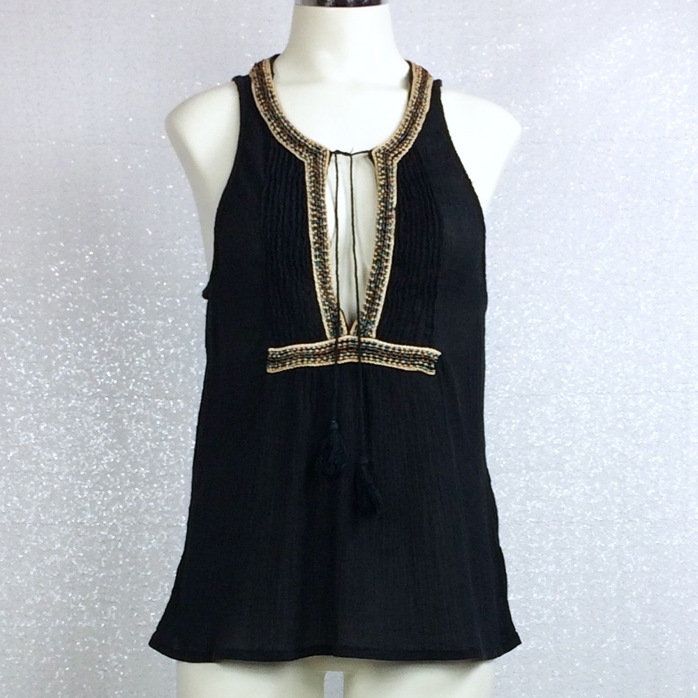 Neiman Marcus Black Beaded Coverup Tank Tassels M